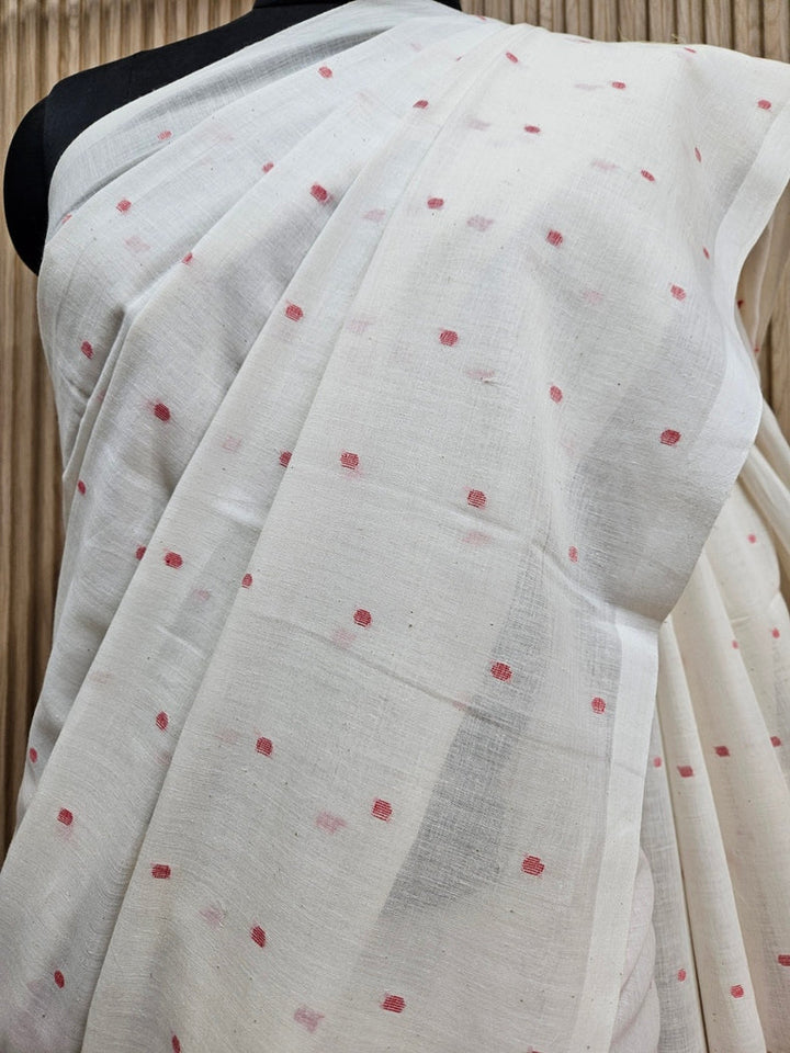 Off White & Red Handwoven Handspun Cotton Jamdani Saree Balaram Saha