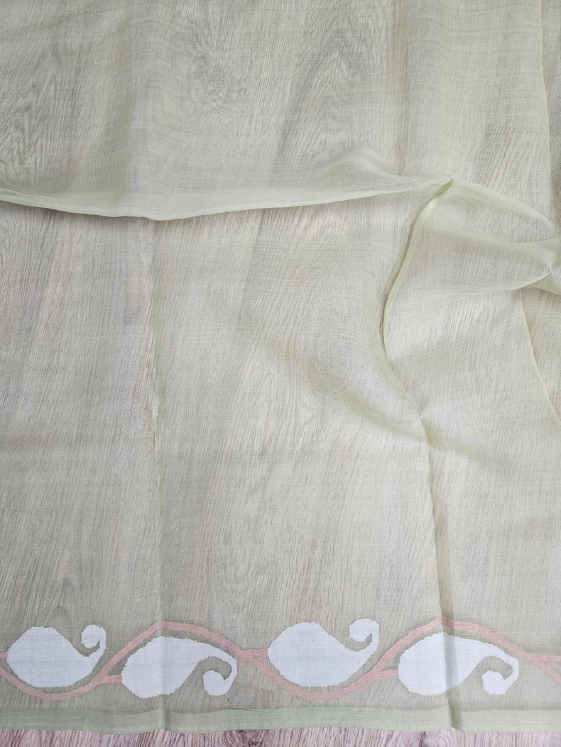 Handwoven Muslin Silk Jamdani Saree – Bird & Floral Motif on Light Lemon Green Balaram Saha