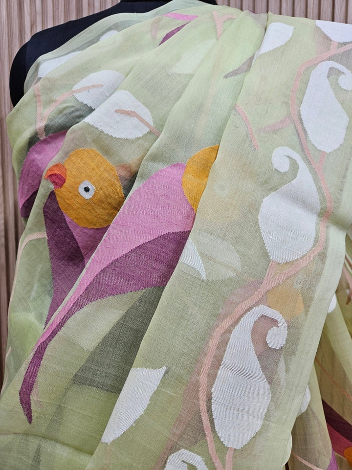Handwoven Muslin Silk Jamdani Saree – Bird & Floral Motif on Light Lemon Green Balaram Saha