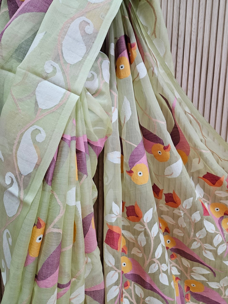 Handwoven Muslin Silk Jamdani Saree – Bird & Floral Motif on Light Lemon Green Balaram Saha