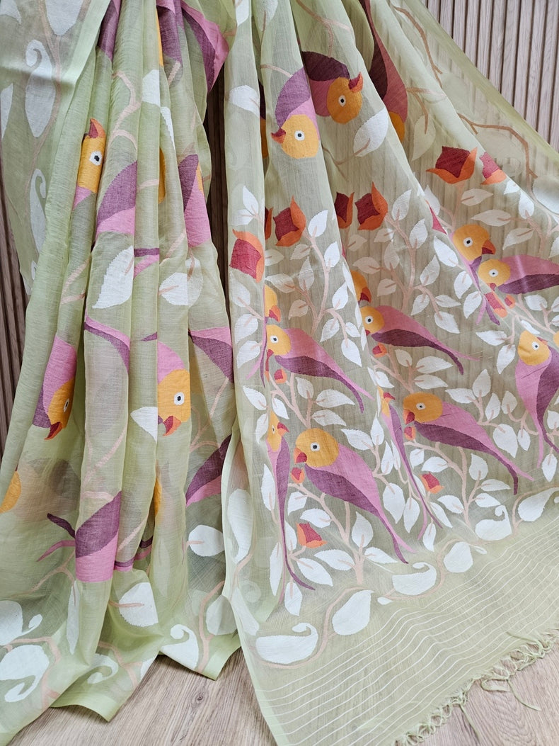 Handwoven Muslin Silk Jamdani Saree – Bird & Floral Motif on Light Lemon Green Balaram Saha