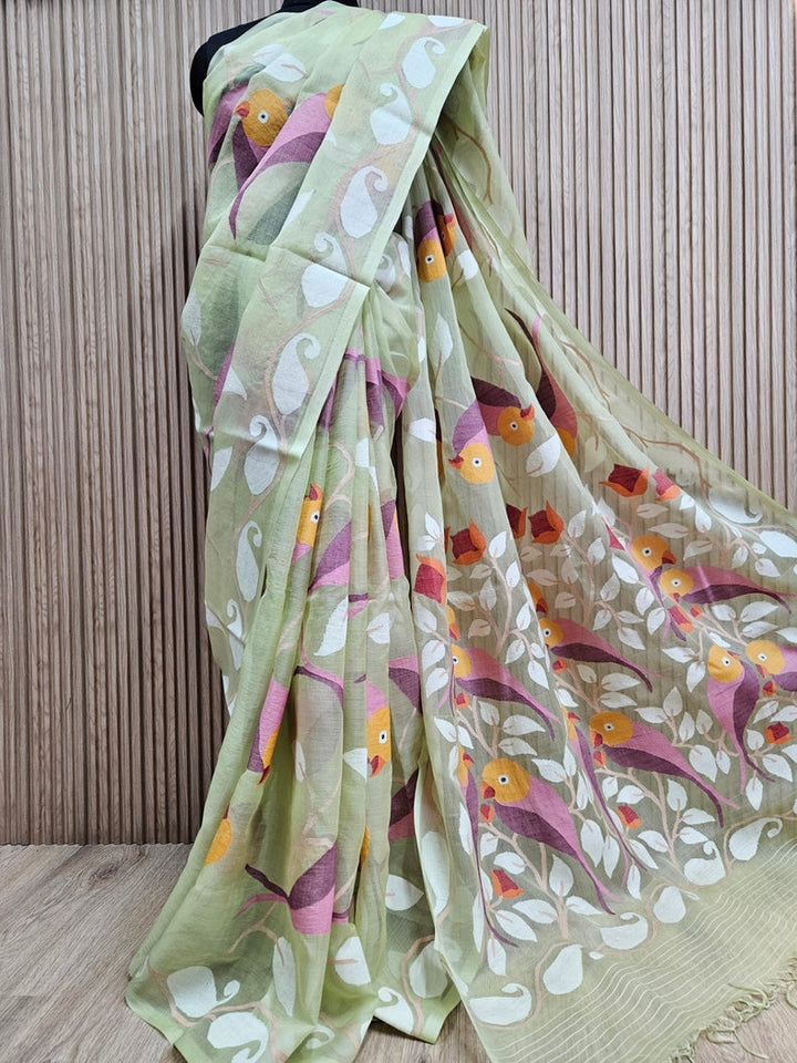 Handwoven Muslin Silk Jamdani Saree – Bird & Floral Motif on Light Lemon Green Balaram Saha
