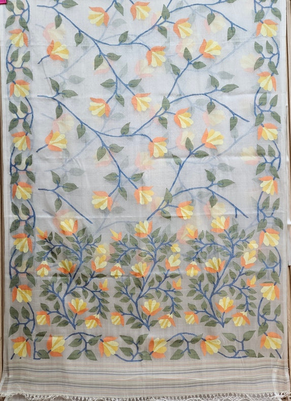 Off-White & Multicolor Faloral Handwoven Muslin Silk Jamdani Saree Balaram Saha