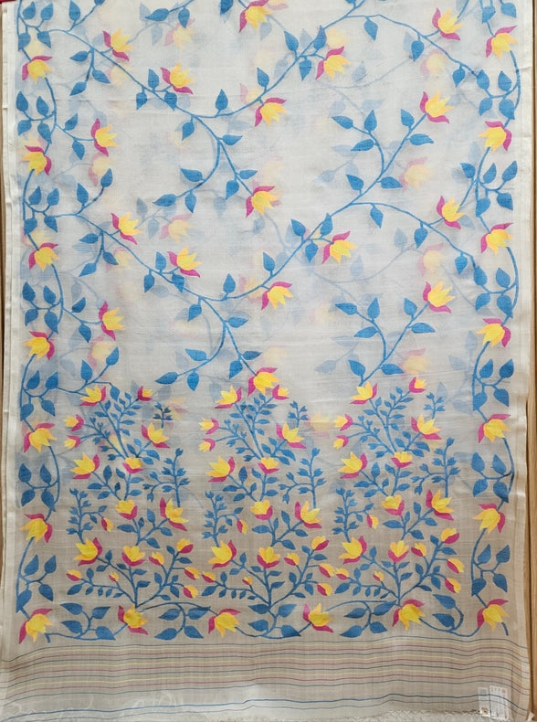 Handwoven Muslin Silk Jamdani Saree – Off-White  on Multicolor Floral Design Balaram Saha