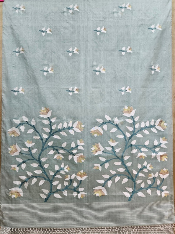 Handwoven Muslin Silk Jamdani Saree – Sage Green with Floral Woven Motifs Balaram Saha