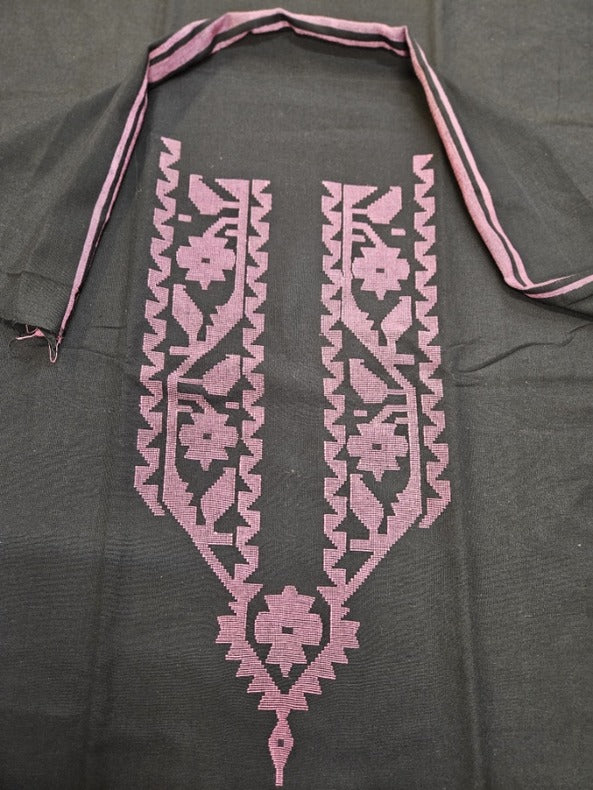 Black & Pink Handwoven Cotton Jamdani Unisex Kurta Piece Balaram Saha