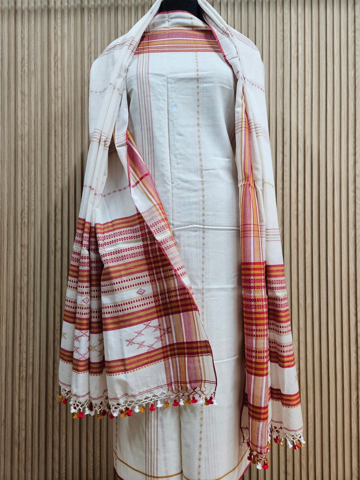 Off White & Red Handloom Soft Cotton Two Pice Kurta Sets Top & Dupatta Balaram Saha