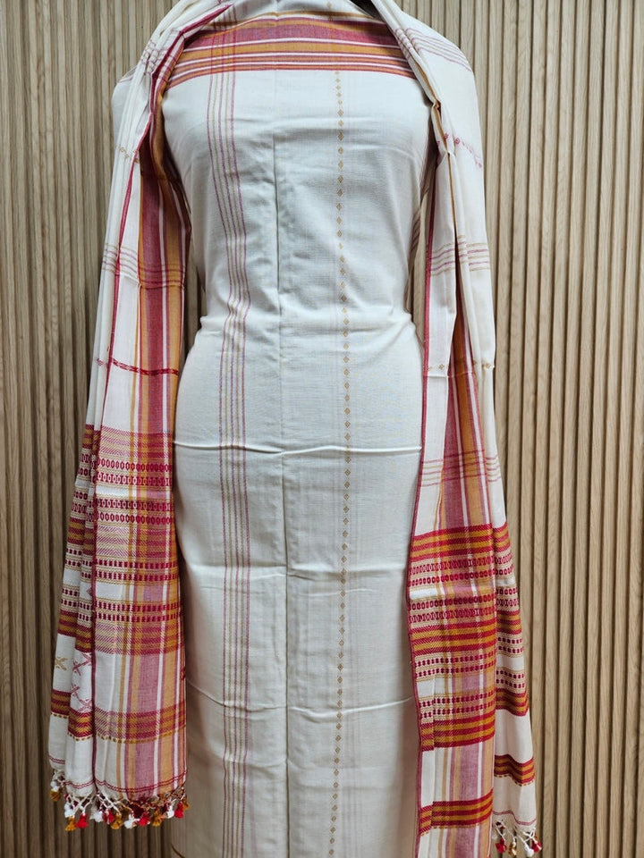 Off White & Red Handloom Soft Cotton Two Pice Kurta Sets Top & Dupatta Balaram Saha