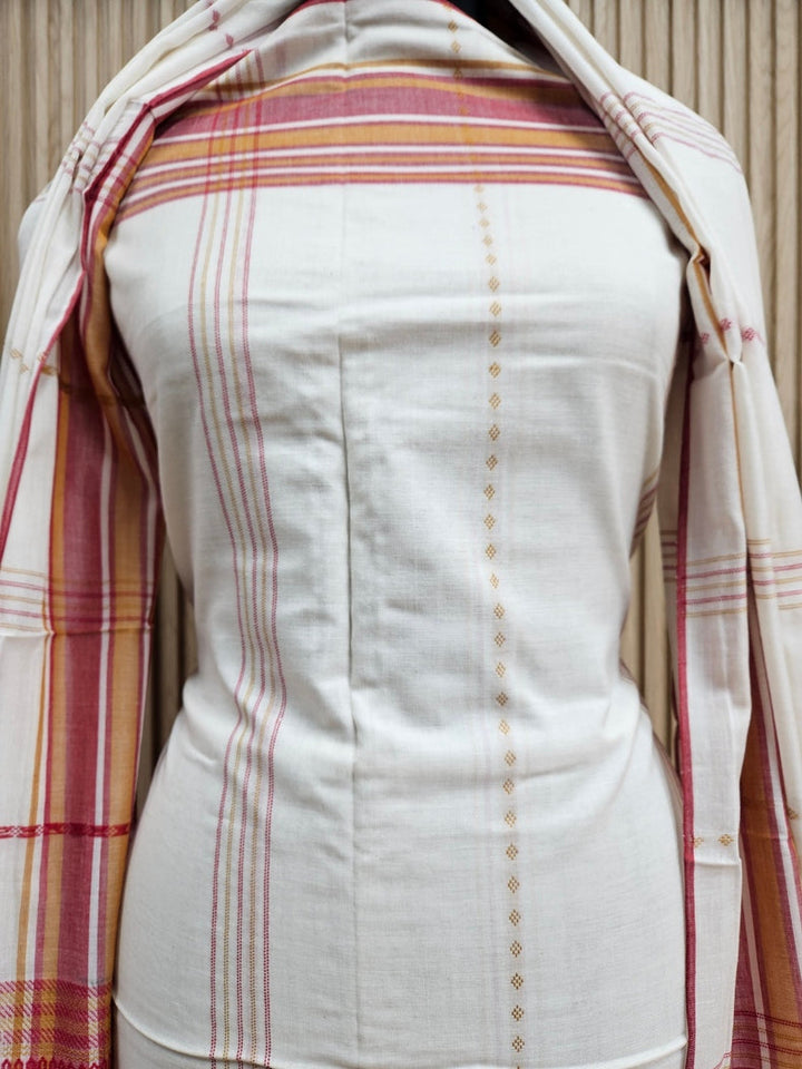Off White & Red Handloom Soft Cotton Two Pice Kurta Sets Top & Dupatta Balaram Saha