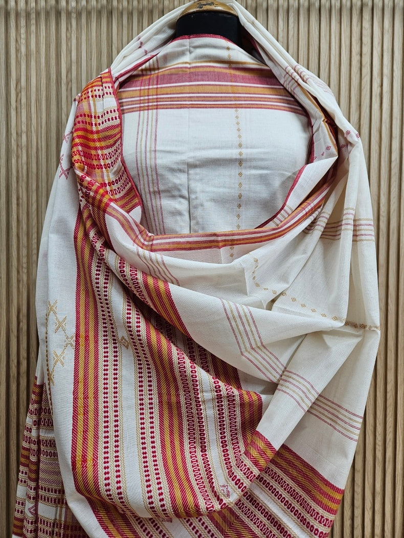 Off White & Red Handloom Soft Cotton Two Pice Kurta Sets Top & Dupatta Balaram Saha