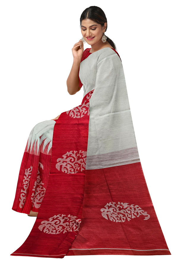 White & Red matka silk sari