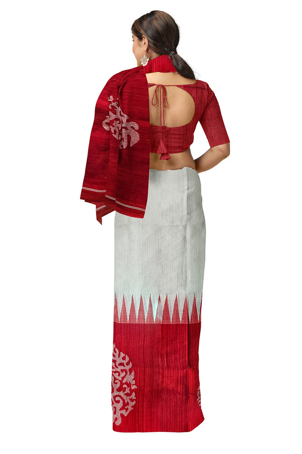 White & Red matka silk sari