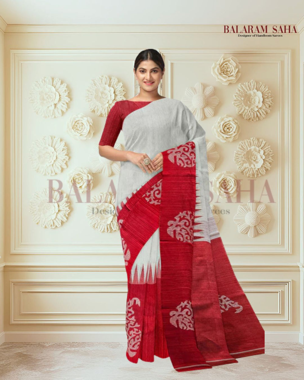Matka Silk Saree by Balaram Saha – Pure White & Red Tradition