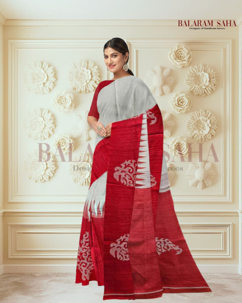 Matka Silk Saree by Balaram Saha – Pure White & Red Tradition