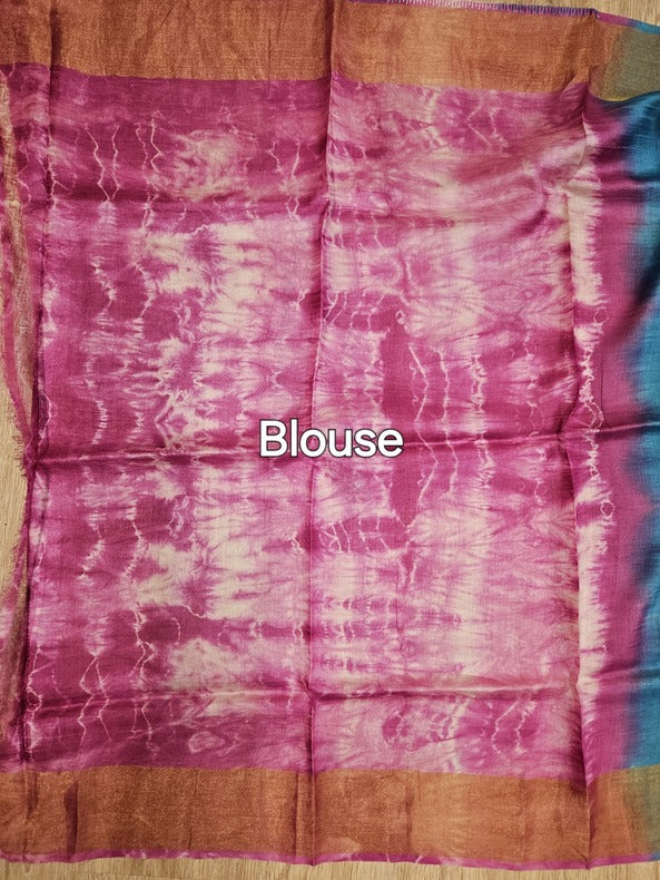 Blue & White Tie & Dye Tussar Silk Saree With Zari Border Balaram Saha