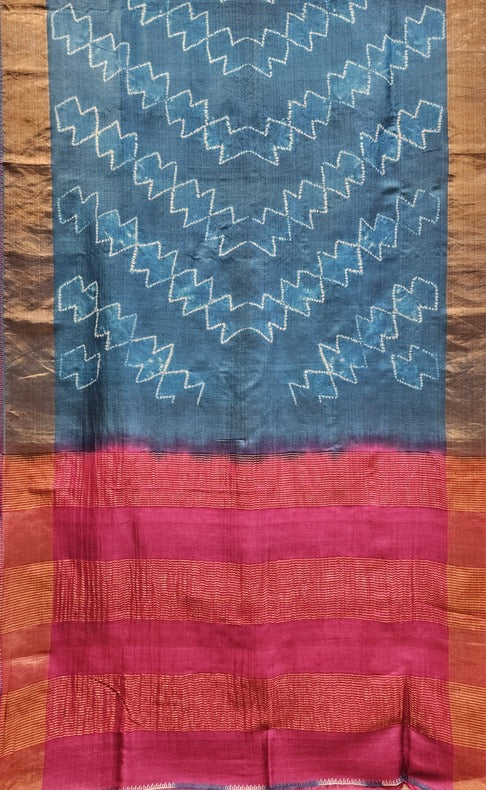 Blue & White Tie & Dye Tussar Silk Saree With Zari Border Balaram Saha