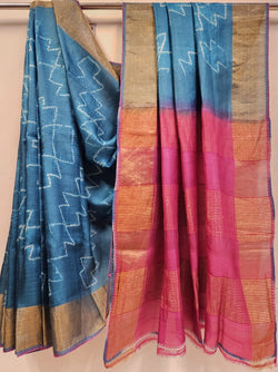 Blue & White Tie & Dye Tussar Silk Saree With Zari Border Balaram Saha