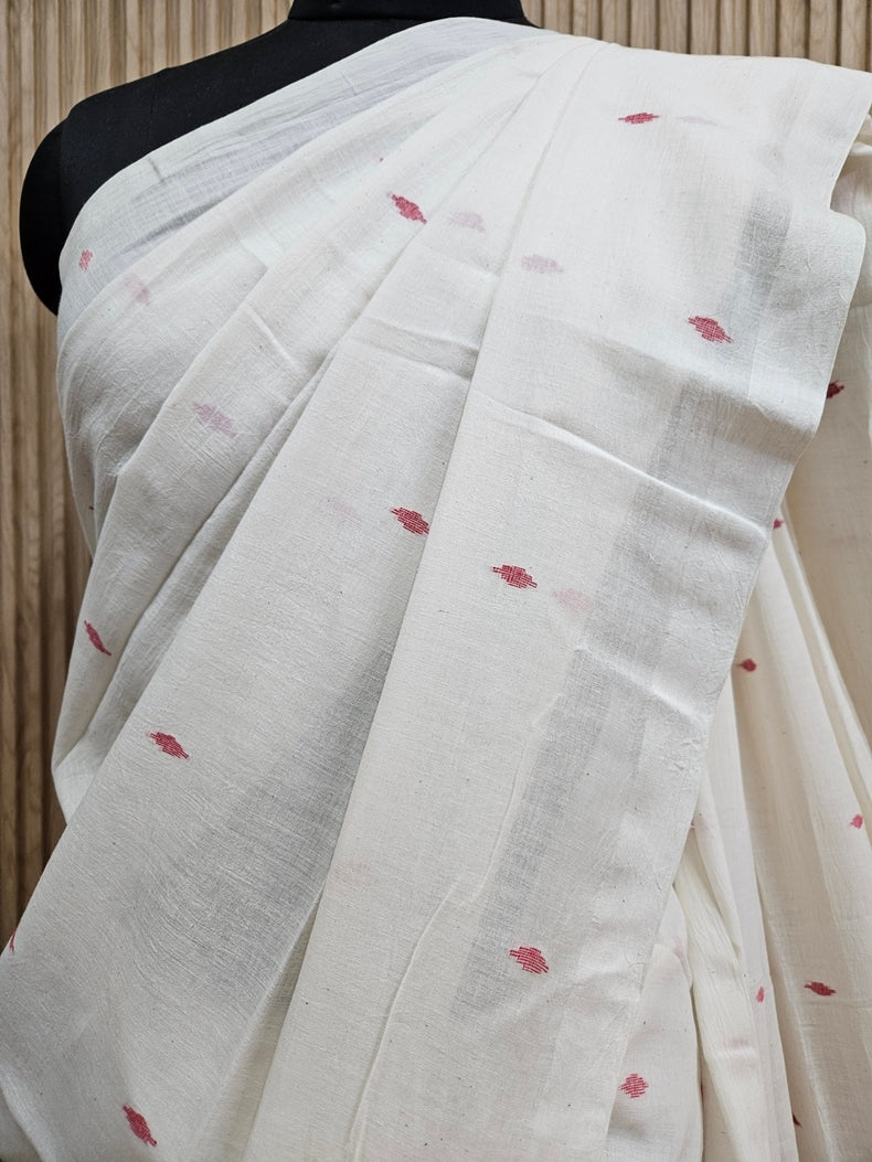 Off White &  Red Handwoven Handspun Fine Cotton Jamdani Saree Balaram Saha