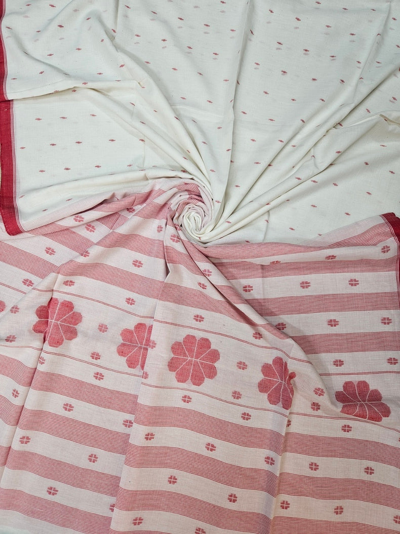 Off White & Red Handwoven Handspun Cotton Jamdani Saree Balaram Saha