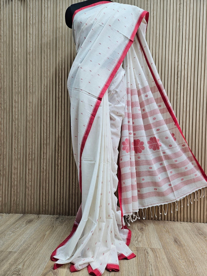 Off White & Red Handwoven Handspun Cotton Jamdani Saree Balaram Saha