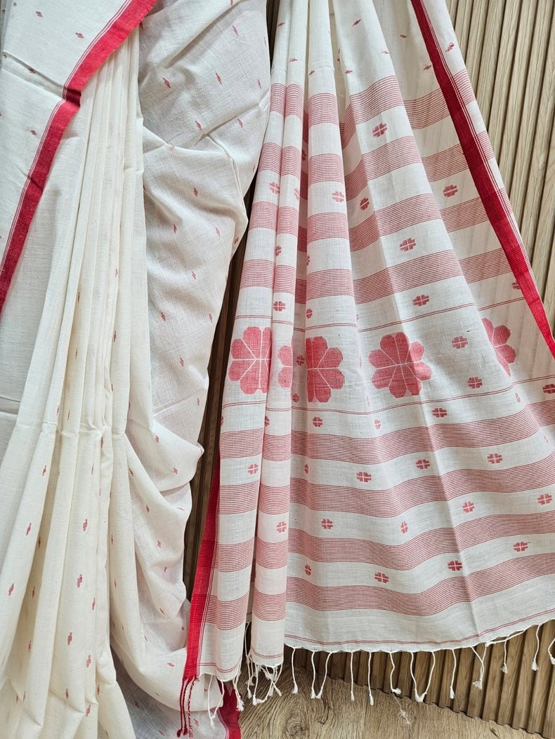 Off White & Red Handwoven Handspun Cotton Jamdani Saree Balaram Saha