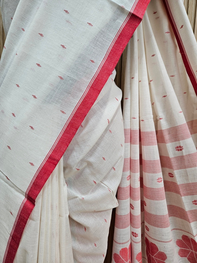 Off White & Red Handwoven Handspun Cotton Jamdani Saree Balaram Saha