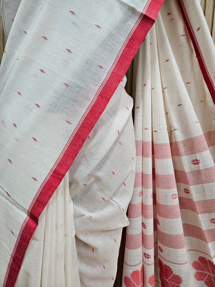 Off White & Red Handwoven Handspun Cotton Jamdani Saree Balaram Saha