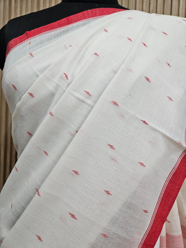 Off White & Red Handwoven Handspun Cotton Jamdani Saree Balaram Saha