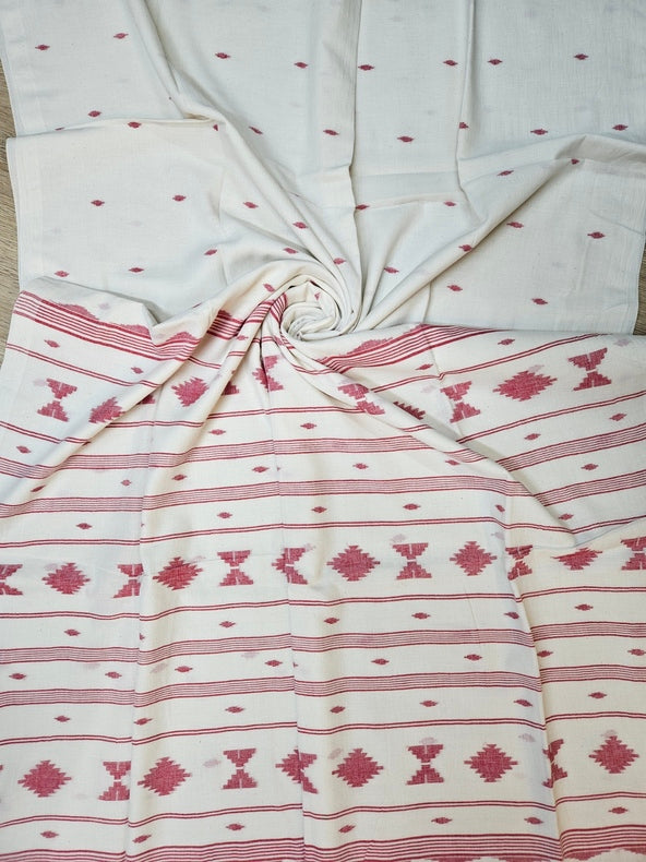 Off White &  Red Handwoven Handspun Fine Cotton Jamdani Saree Balaram Saha