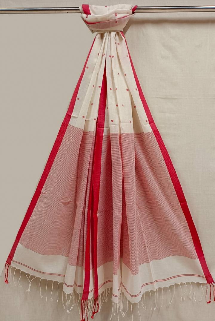 White Red & Soft handloom Cotton Jamdani Dupatta Balaram Saha