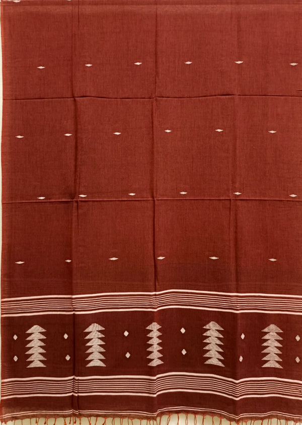 Rust & White Handloom Soft Cotton Dhakai Jamdani Dupatta Balaram Saha