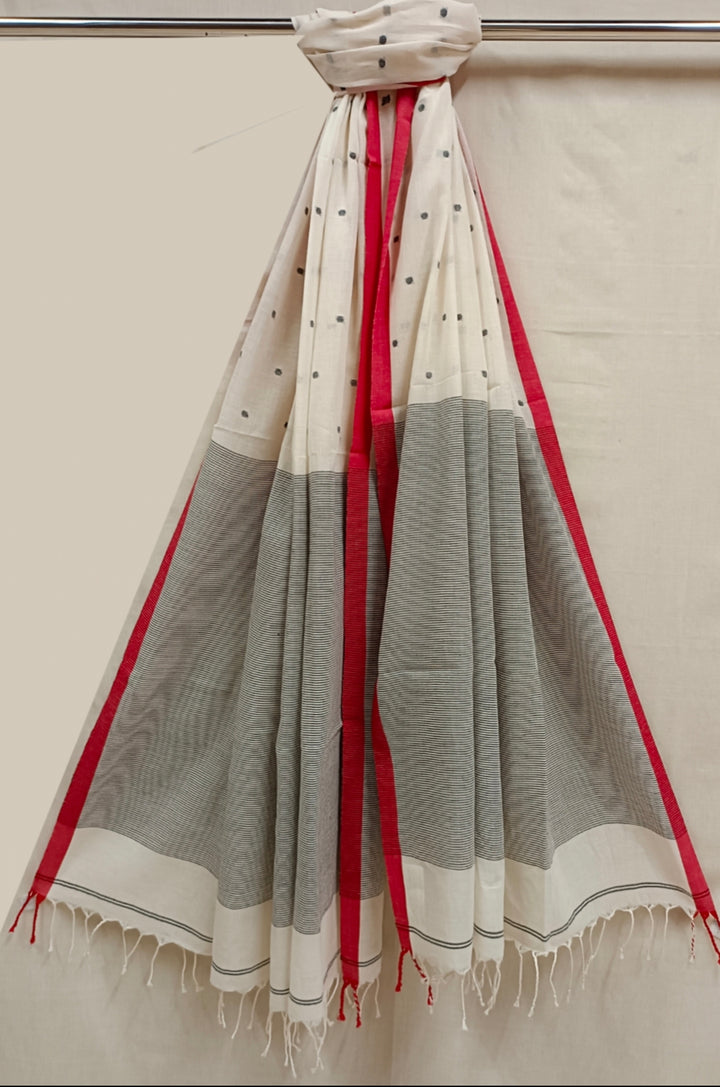 White Red  Soft handloom Cotton Jamdani Dupatta Balaram Saha