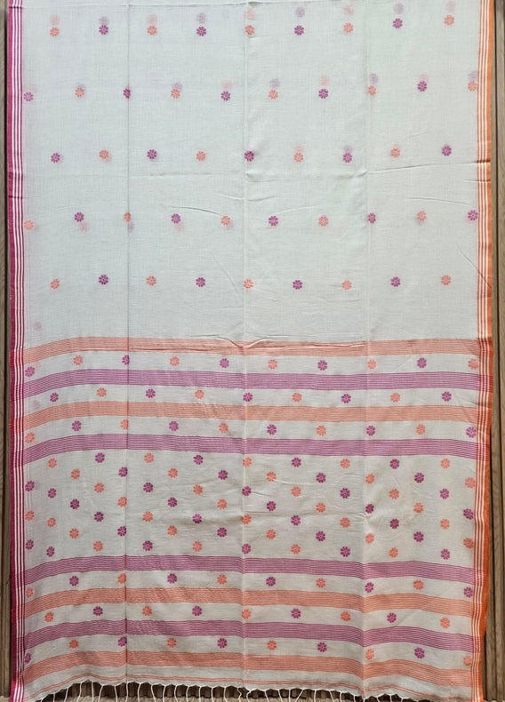 Balaram Saha Handwoven Wonder:  White Handloom Handspun Cotton Jamdani Saree Balaram Saha