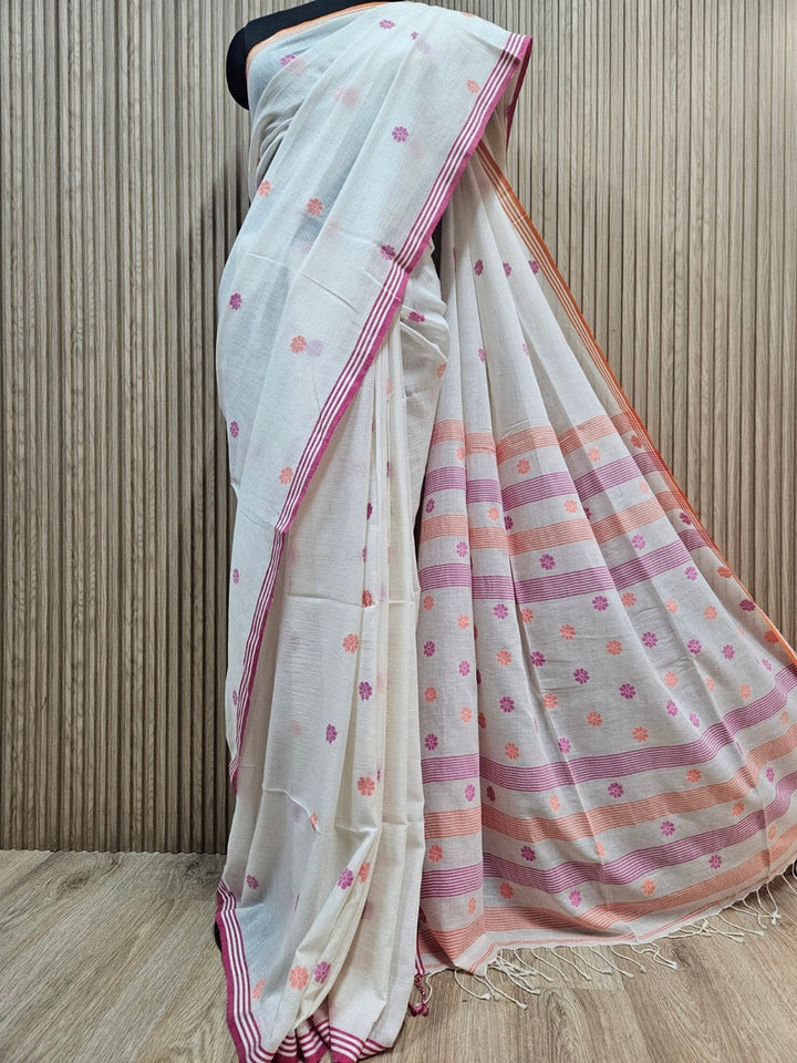 Balaram Saha Handwoven Wonder:  White Handloom Handspun Cotton Jamdani Saree Balaram Saha