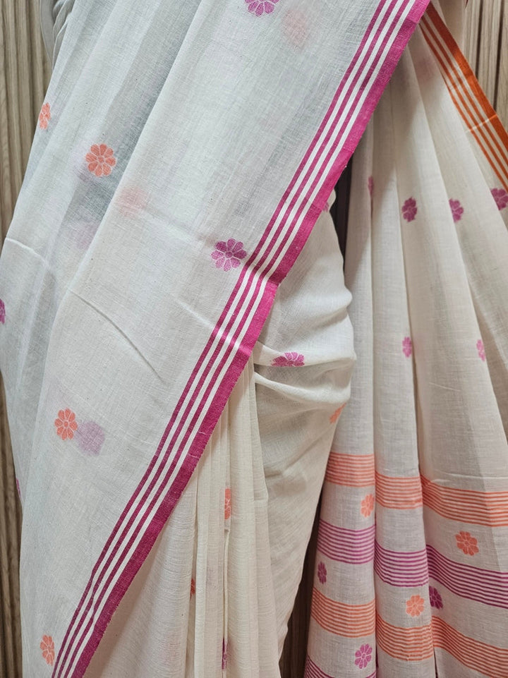 Balaram Saha Handwoven Wonder:  White Handloom Handspun Cotton Jamdani Saree Balaram Saha