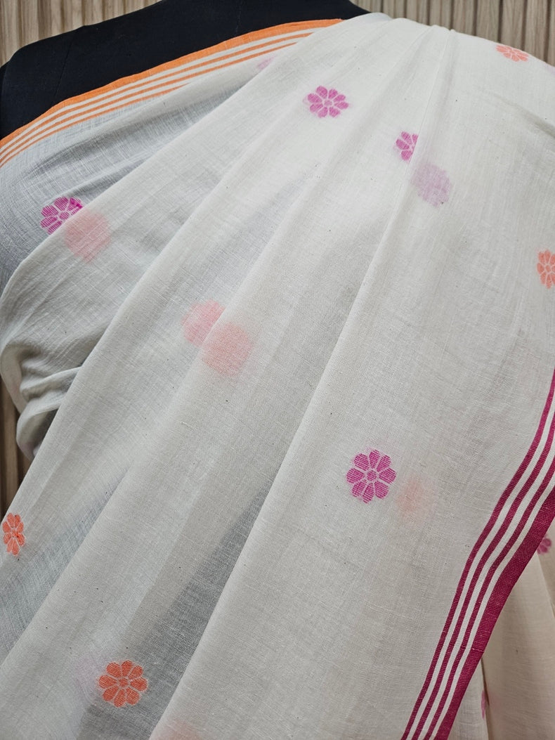 Balaram Saha Handwoven Wonder:  White Handloom Handspun Cotton Jamdani Saree Balaram Saha
