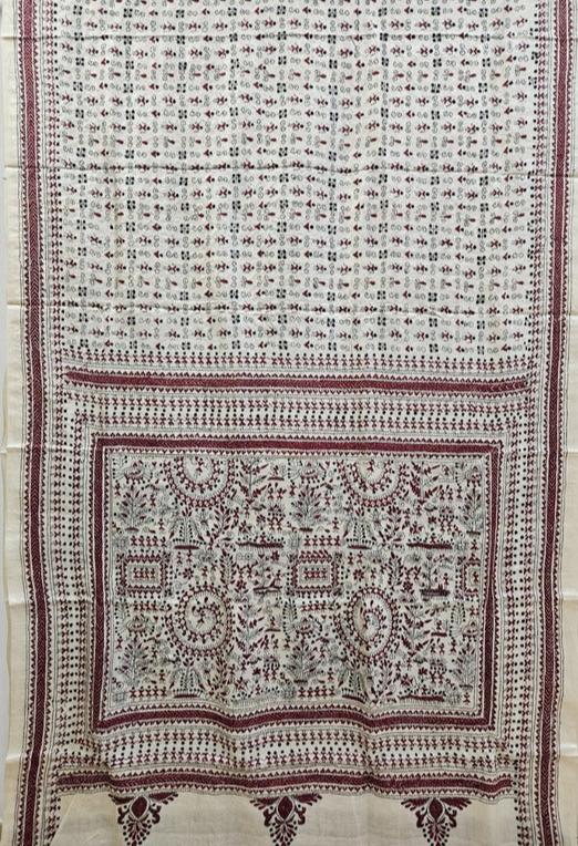 Natural Shade Tussar Handstitch Kantha Silk Saree Balaram Saha