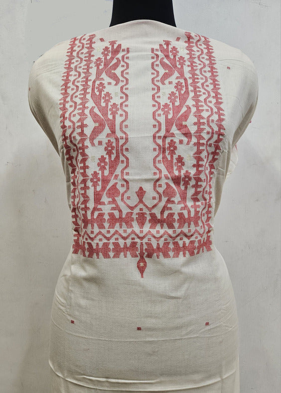 White & Red Handloom Handwoven Unixes Cotton Jamdani Kurta Piece Balaram Saha