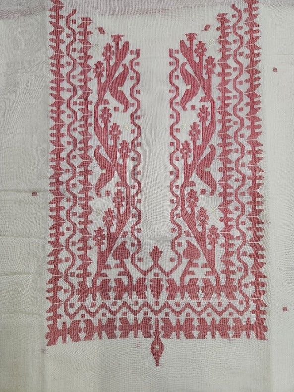 White & Red Handloom Handwoven Unixes Cotton Jamdani Kurta Piece Balaram Saha