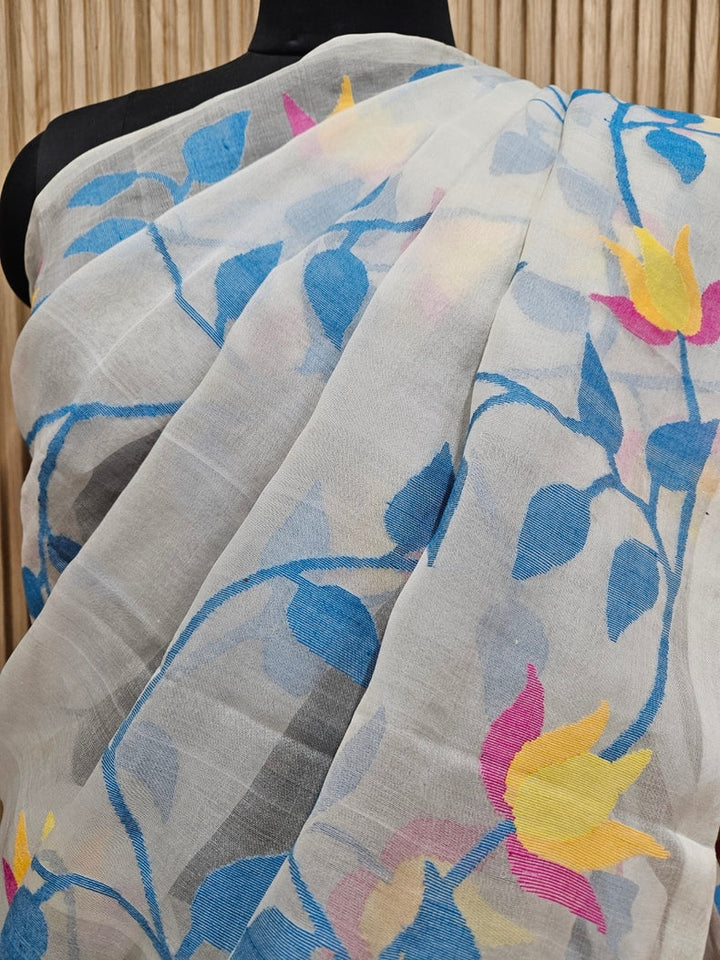 Handwoven Muslin Silk Jamdani Saree – Off-White  on Multicolor Floral Design Balaram Saha
