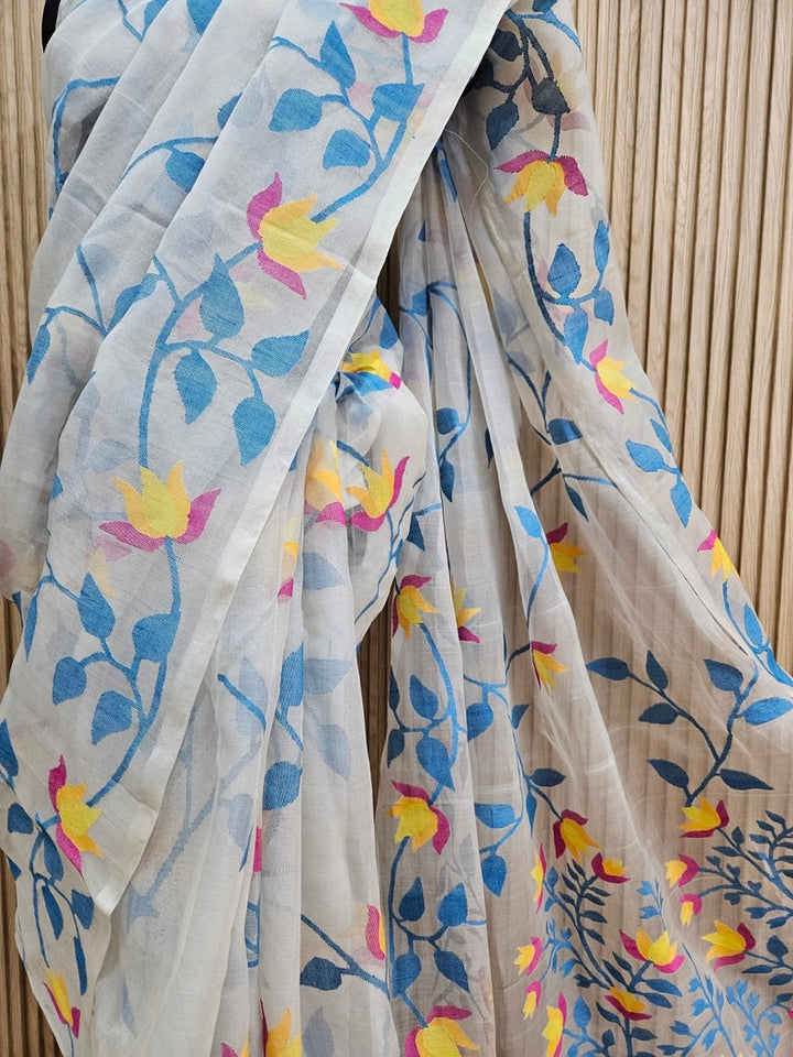 Handwoven Muslin Silk Jamdani Saree – Off-White  on Multicolor Floral Design Balaram Saha