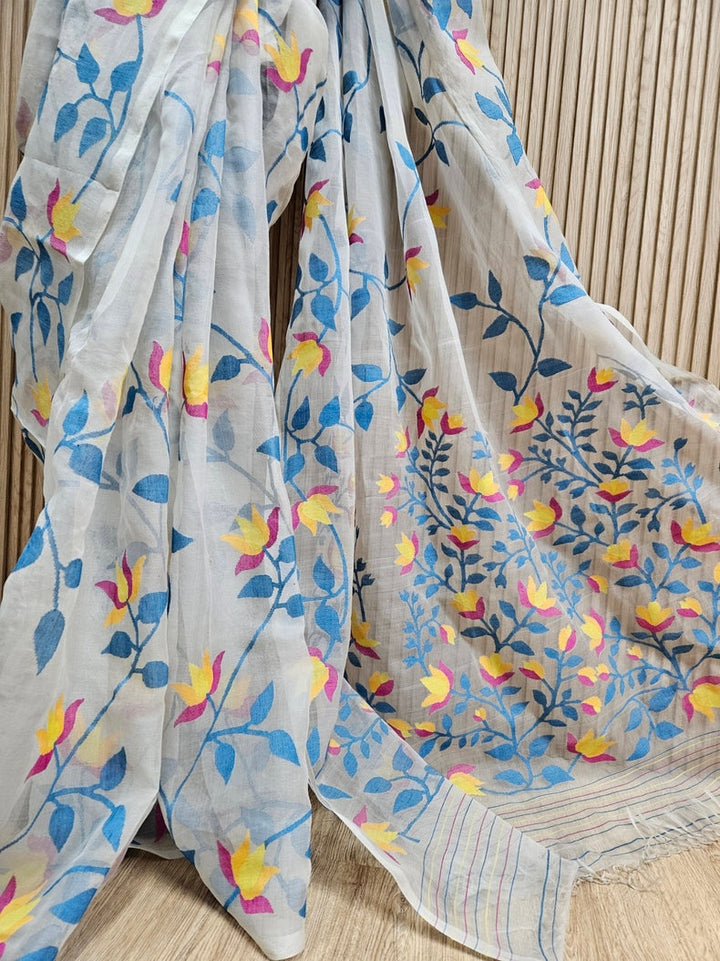 Handwoven Muslin Silk Jamdani Saree – Off-White  on Multicolor Floral Design Balaram Saha
