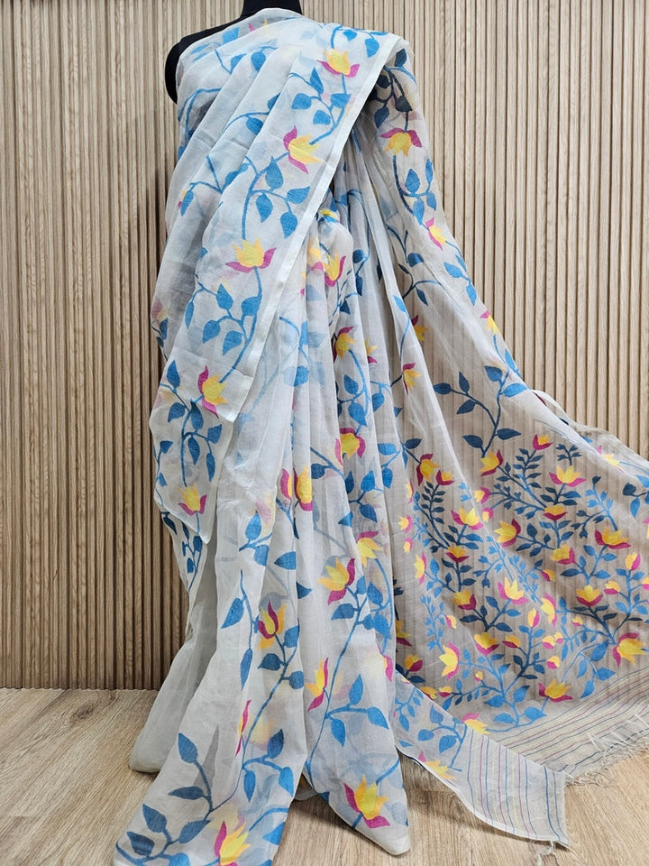 Handwoven Muslin Silk Jamdani Saree – Off-White  on Multicolor Floral Design Balaram Saha