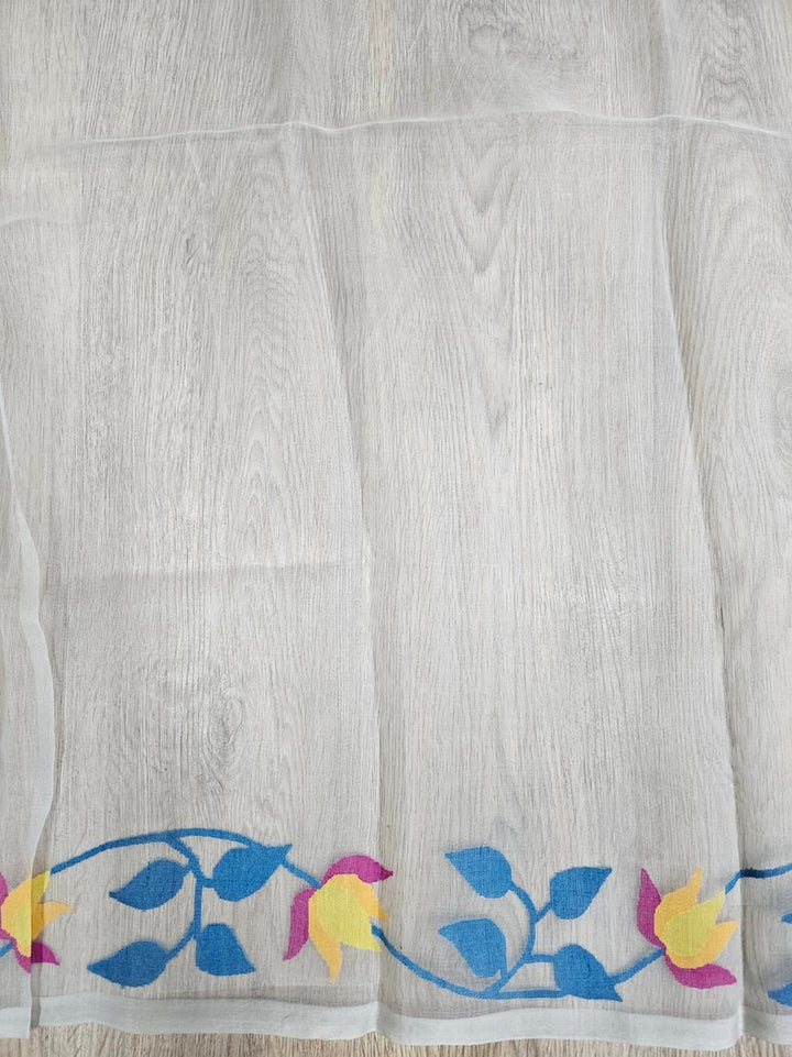 Handwoven Muslin Silk Jamdani Saree – Off-White  on Multicolor Floral Design Balaram Saha