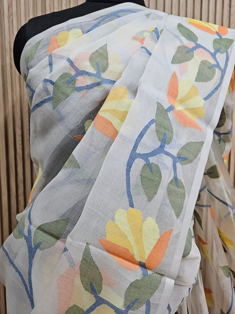 Off-White & Multicolor Faloral Handwoven Muslin Silk Jamdani Saree Balaram Saha