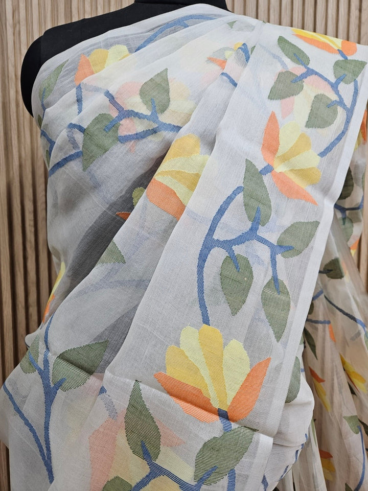 Off-White & Multicolor Faloral Handwoven Muslin Silk Jamdani Saree Balaram Saha