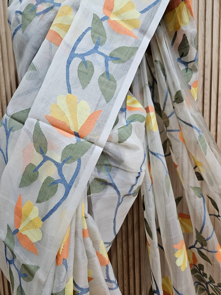 Off-White & Multicolor Faloral Handwoven Muslin Silk Jamdani Saree Balaram Saha