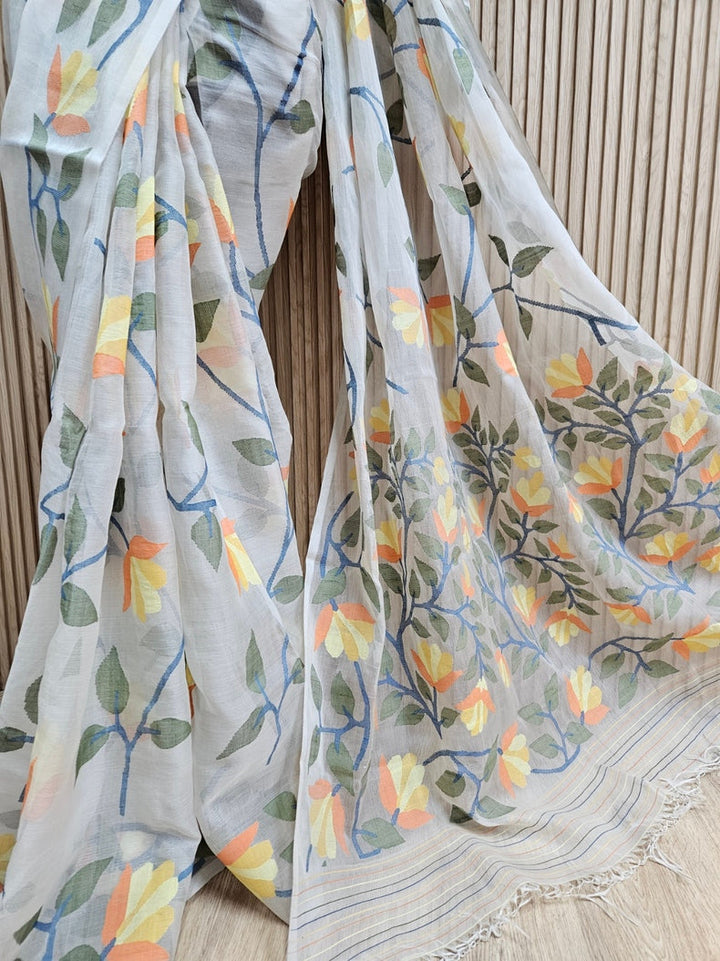 Off-White & Multicolor Faloral Handwoven Muslin Silk Jamdani Saree Balaram Saha