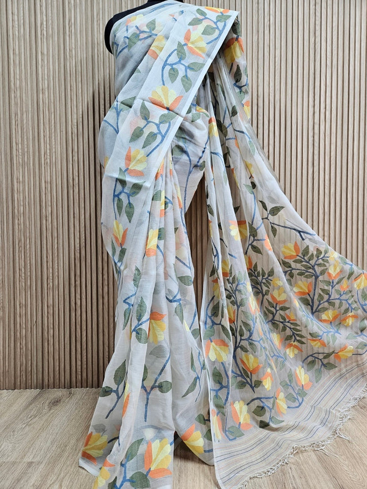 Off-White & Multicolor Faloral Handwoven Muslin Silk Jamdani Saree Balaram Saha