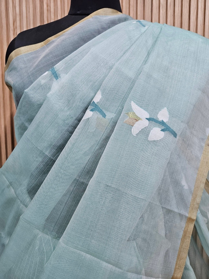 Handwoven Muslin Silk Jamdani Saree – Sage Green with Floral Woven Motifs Balaram Saha